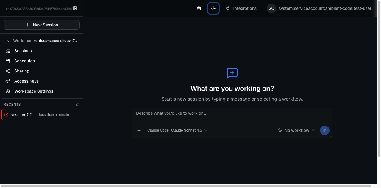 New session creation dialog
